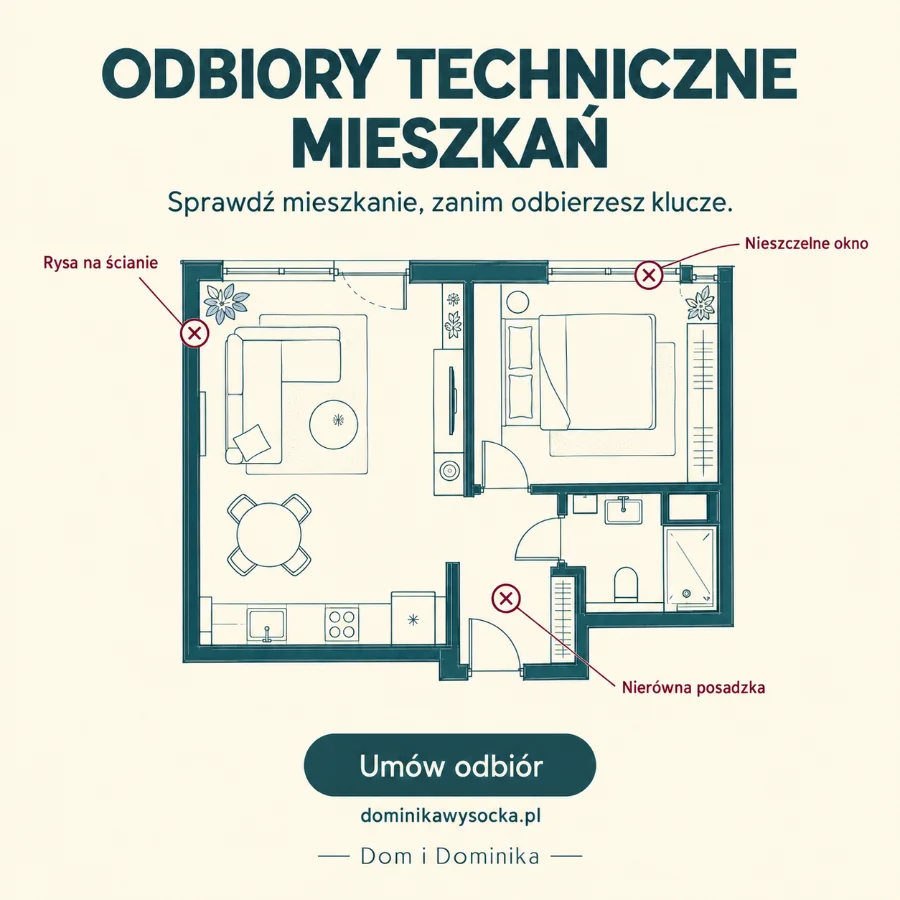 Odbiór mieszkania Lębork — rzut z zaznaczonymi usterkami: rysa na ścianie, nieszczelne okno, nierówna posadzka